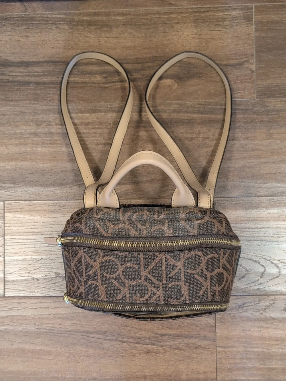Calvin Klein Brown Monogram Mini Backpack with Tan Handle
